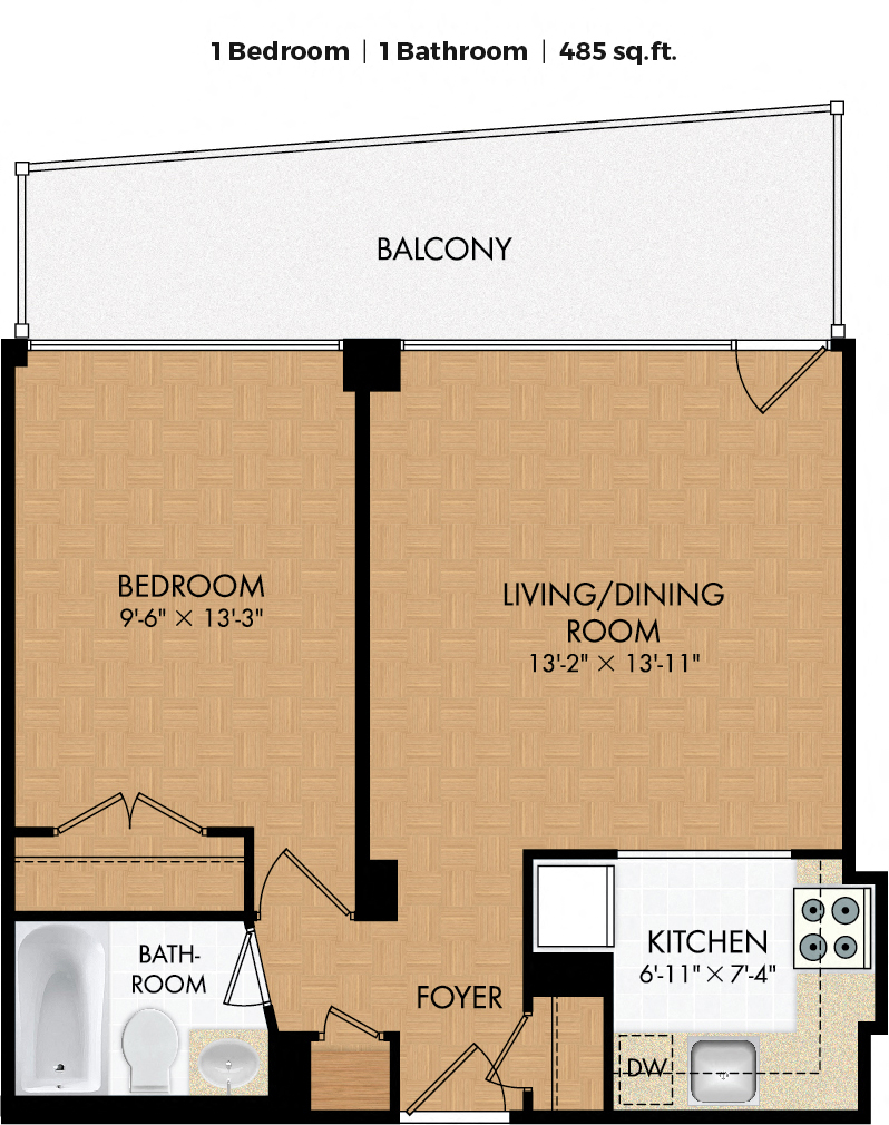 Floor plan for 1 bed, 1 bath, 605 sqft